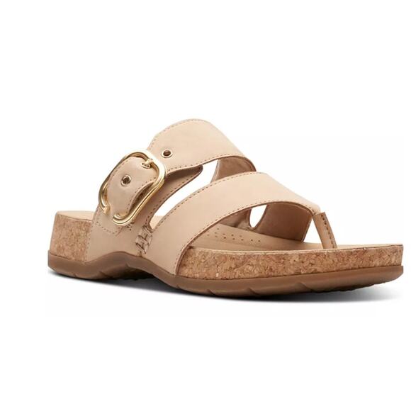 Clarks Shoes - CLARKS REILEIGH PARK DOUBLE STRAP LEATHER COMFORT THONG SANDAL BEIGE NUBUCK 9M